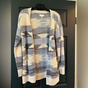 Lucky Brand Blue and Cream Open-Front Patterned Cardigan